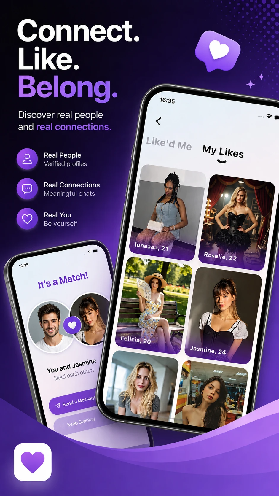 Color dating app preview showing real people, likes, and matches
