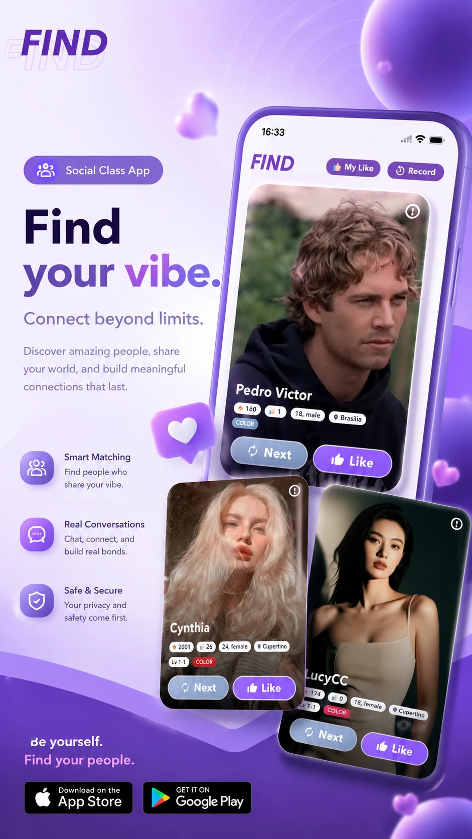 Color dating app preview showing nearby discovery and real conversations